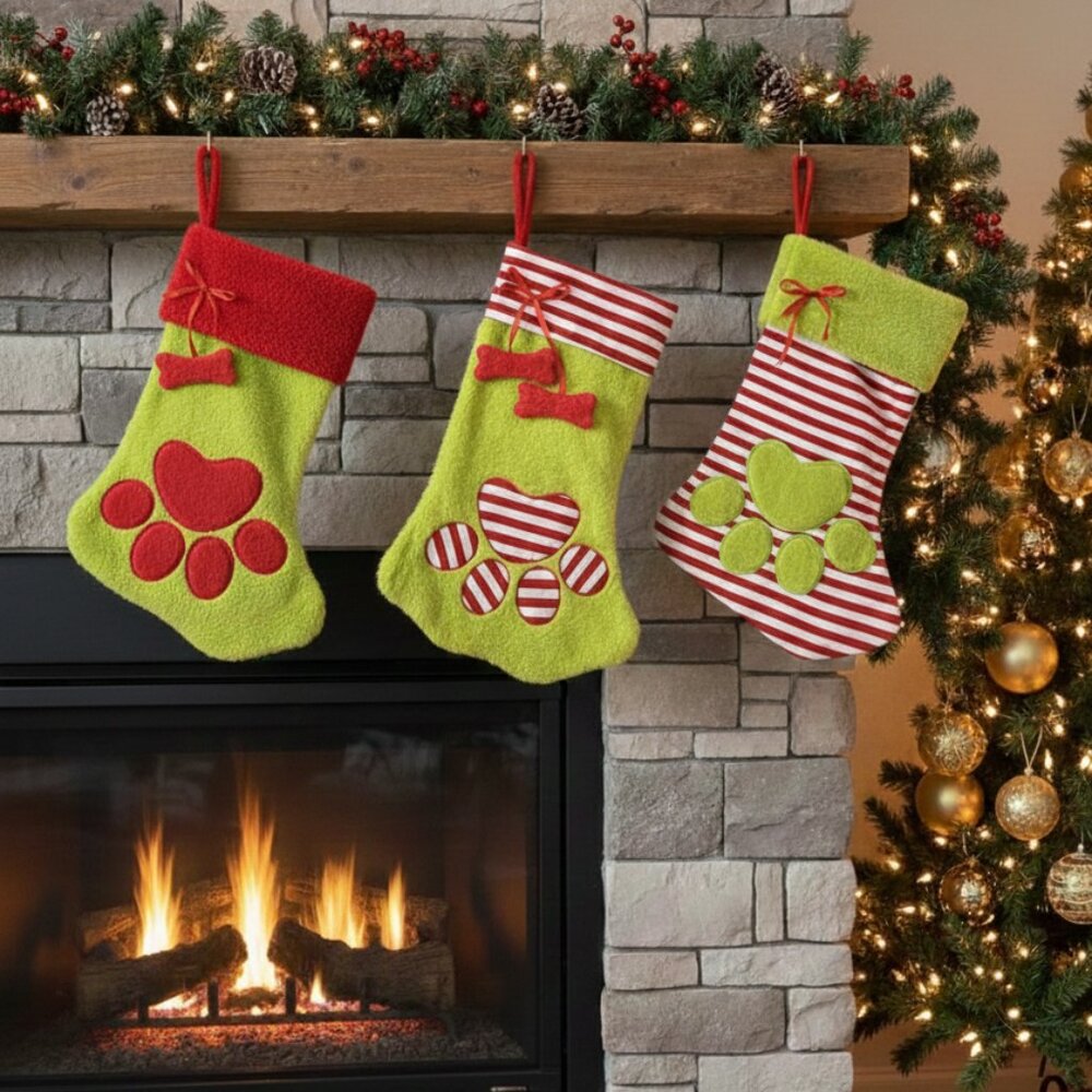 Dog Paw Print Christmas Stocking Red Striped Bone Decor  set of 6